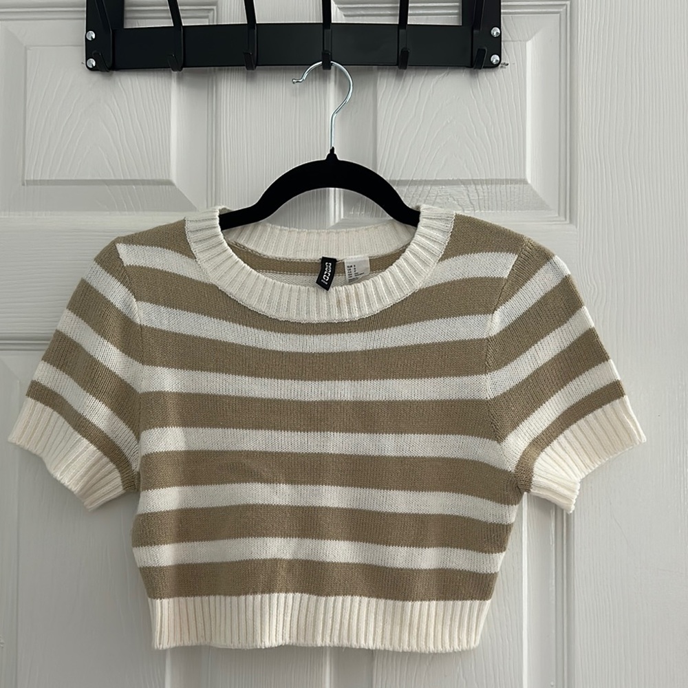 Divided Beige and White Striped Top